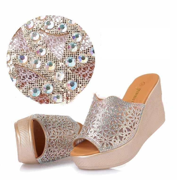 Rhinestone High Slope Heel Sklisikkert Sandaler Og Tøfler Str 11 September