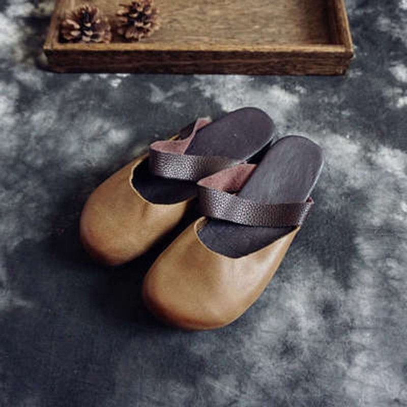 Round Toe Leather Flats Tøfler 35-41