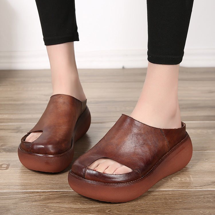 Summer Retro Dame Leather Wedge Slippers