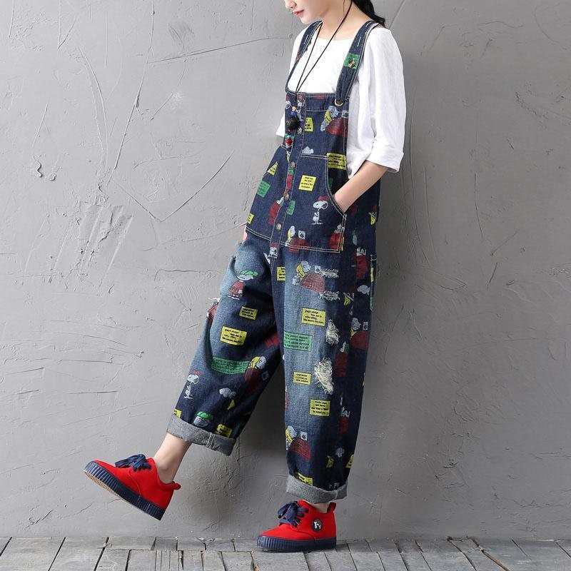 Cartoon Print Retro Denim Jumpsuit