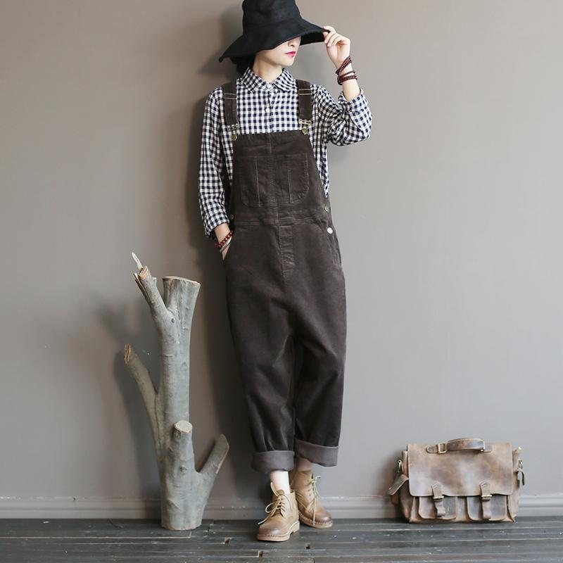 Corduroy Large Størrelse Løs Retro Jumpsuit