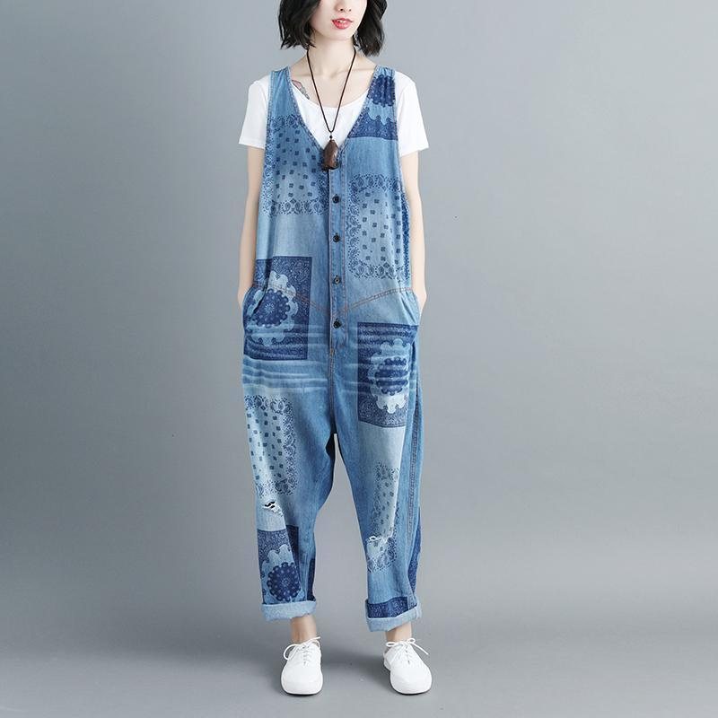 Dame Bomull V-hals Ermeløse Blå Denim Jumpsuits