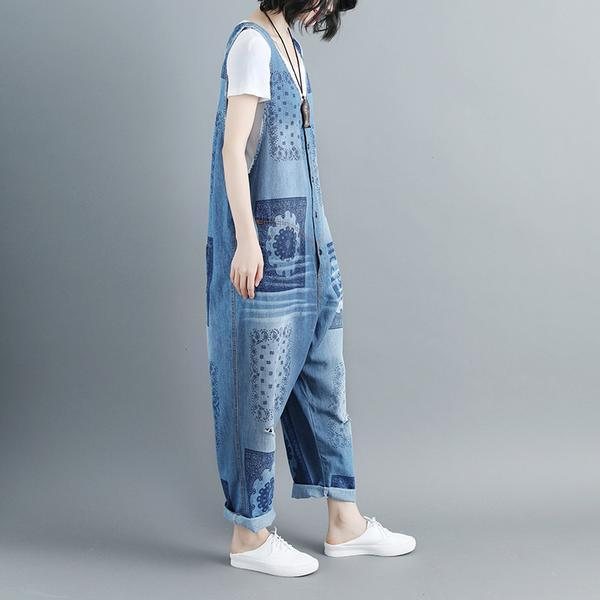 Dame Bomull V-hals Ermeløse Blå Denim Jumpsuits