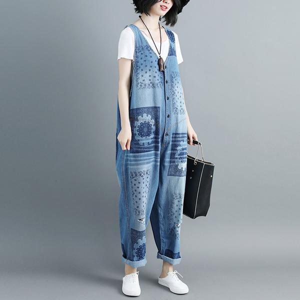 Dame Bomull V-hals Ermeløse Blå Denim Jumpsuits