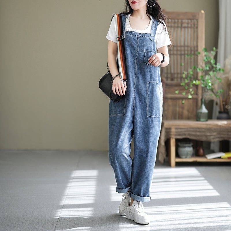 Dame Casual Spring Cotton Denim Løs Jumpsuit