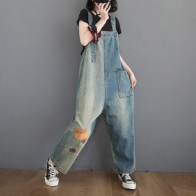 Dame Patch Løs Denim Rett Jumpsuit