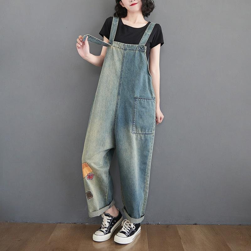 Dame Patch Løs Denim Rett Jumpsuit