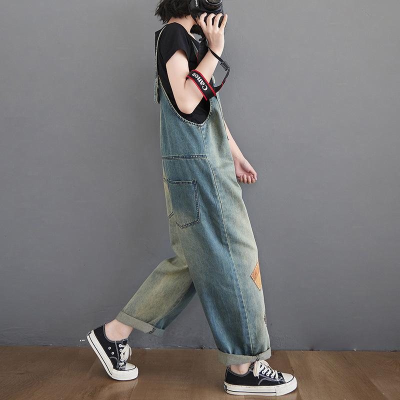 Dame Patch Løs Denim Rett Jumpsuit