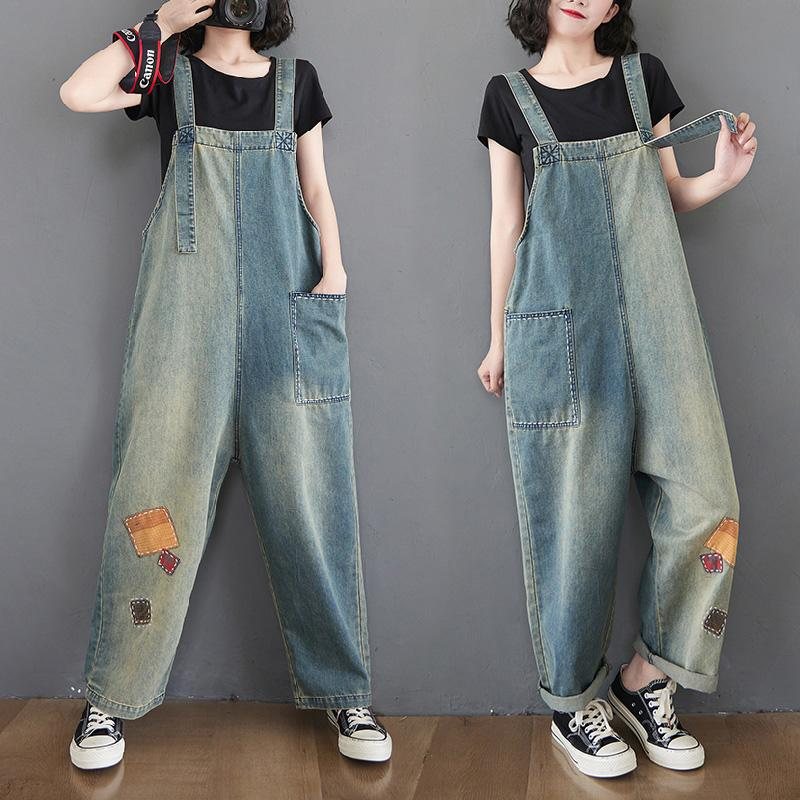 Dame Patch Løs Denim Rett Jumpsuit