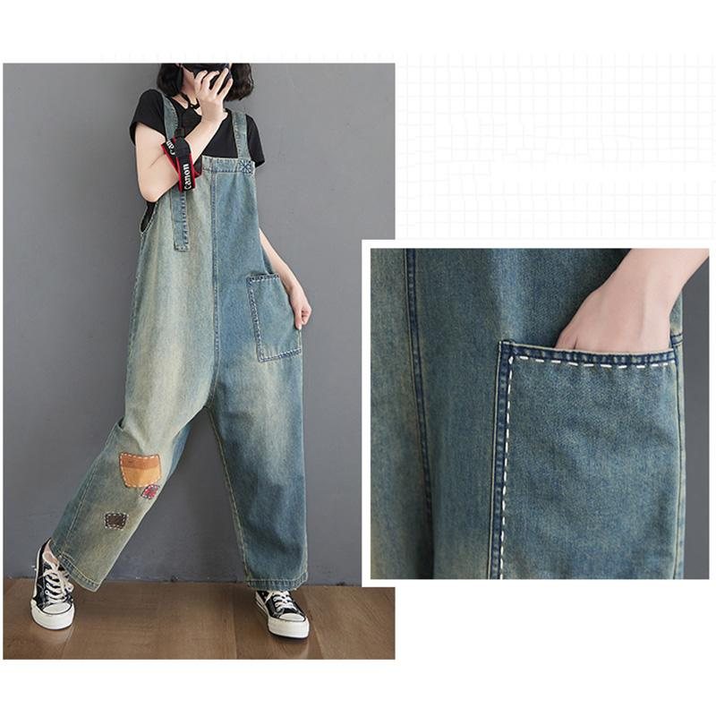 Dame Patch Løs Denim Rett Jumpsuit