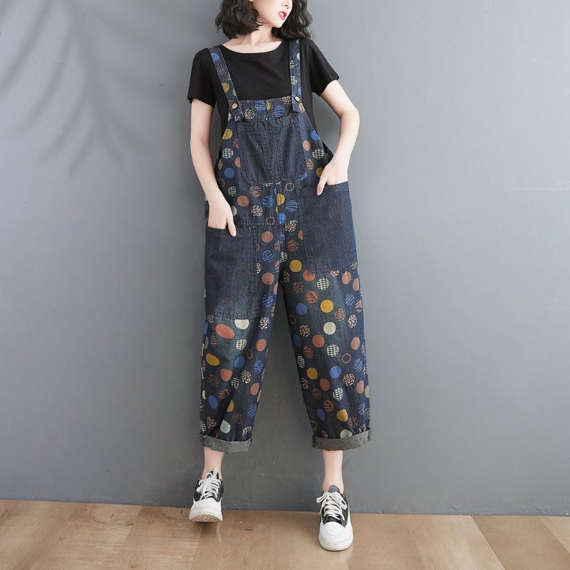 Dame Vår Sommer Retro Potter Løs Denim Harem Jumpsuit