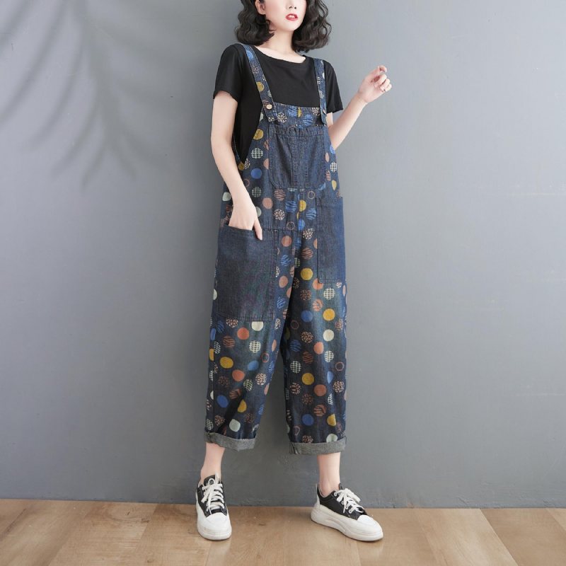 Dame Vår Sommer Retro Potter Løs Denim Harem Jumpsuit