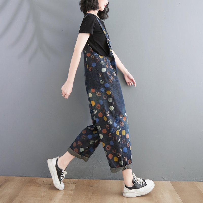 Dame Vår Sommer Retro Potter Løs Denim Harem Jumpsuit