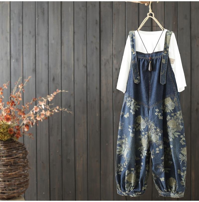 Dame Vintage Loose Print Ankel Denim Jumpsuit