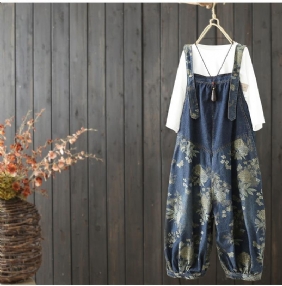 Dame Vintage Loose Print Ankel Denim Jumpsuit