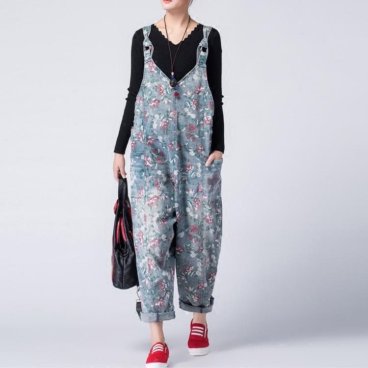 Floral Denim Løs Casual Jumpsuit