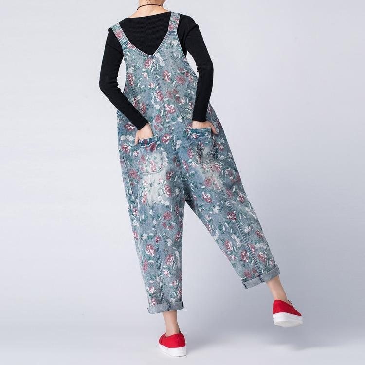 Floral Denim Løs Casual Jumpsuit