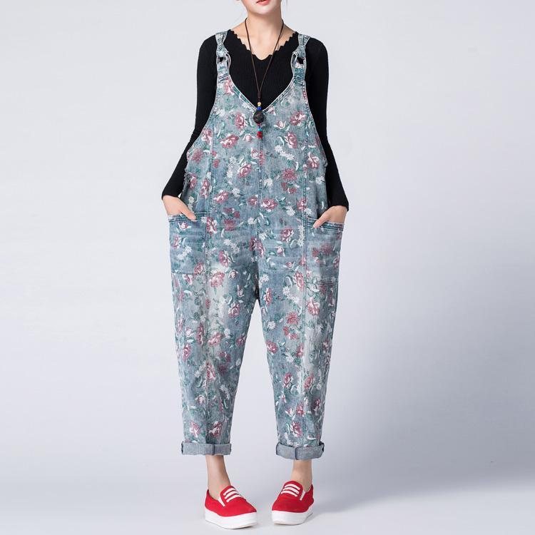 Floral Denim Løs Casual Jumpsuit