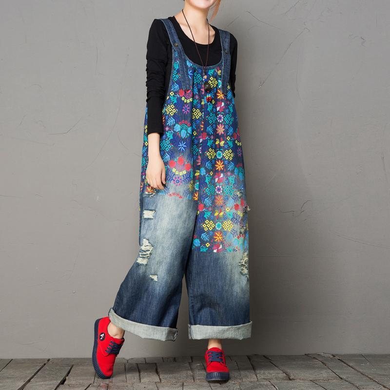 Høst Løsvasket Hole Printing Vintage Denim Jumpsuit