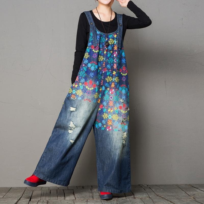 Høst Løsvasket Hole Printing Vintage Denim Jumpsuit