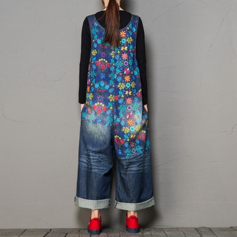 Høst Løsvasket Hole Printing Vintage Denim Jumpsuit