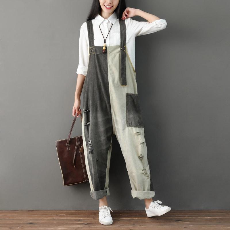 Høst Ripped Patchwork Løs Casual Cotton Denim Jumpsuit