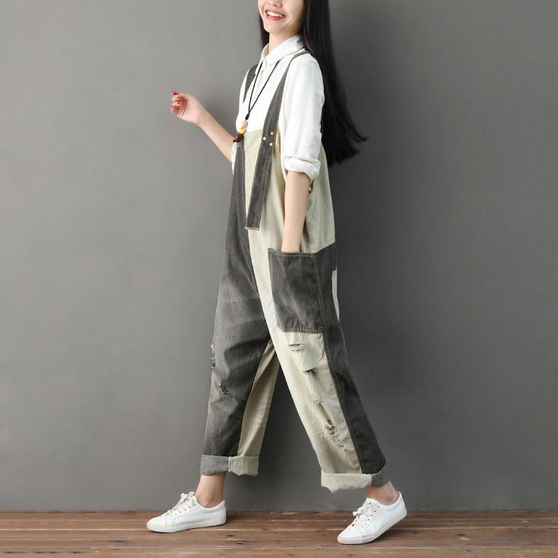 Høst Ripped Patchwork Løs Casual Cotton Denim Jumpsuit