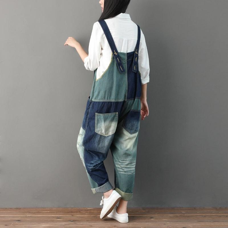 Høst Ripped Patchwork Løs Casual Cotton Denim Jumpsuit