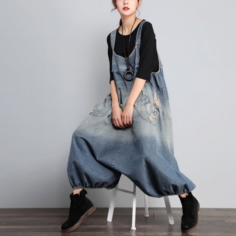 Høst Vintage Denim Jumpsuit I Løs Størrelse