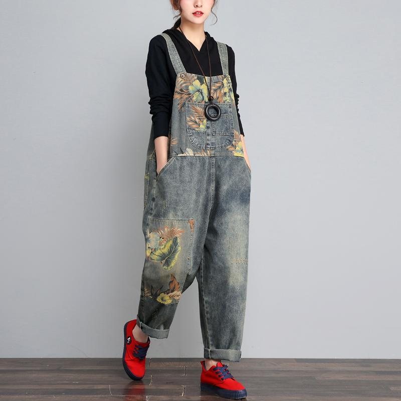 Høst Vinter Denim Løs Retro Print Tynn Jumpsuit