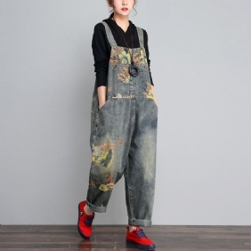 Høst Vinter Denim Løs Retro Print Tynn Jumpsuit