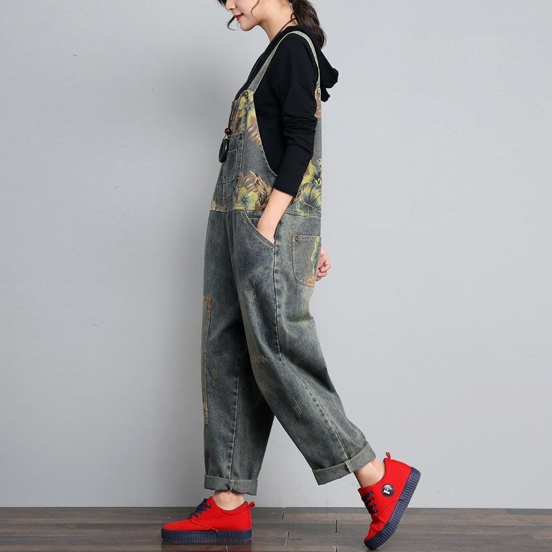 Høst Vinter Denim Løs Retro Print Tynn Jumpsuit