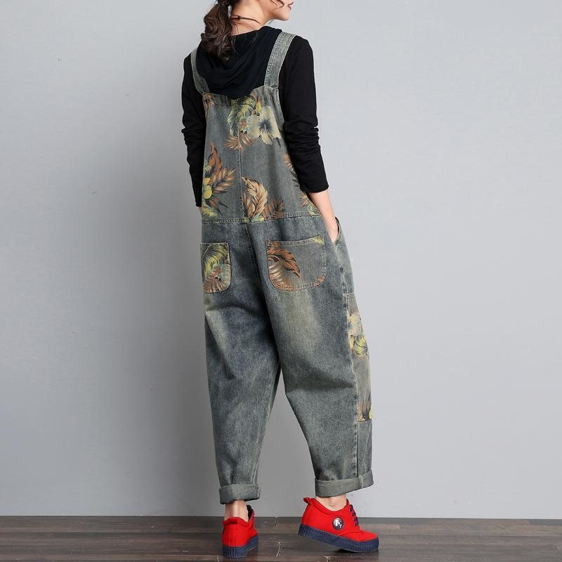 Høst Vinter Denim Løs Retro Print Tynn Jumpsuit