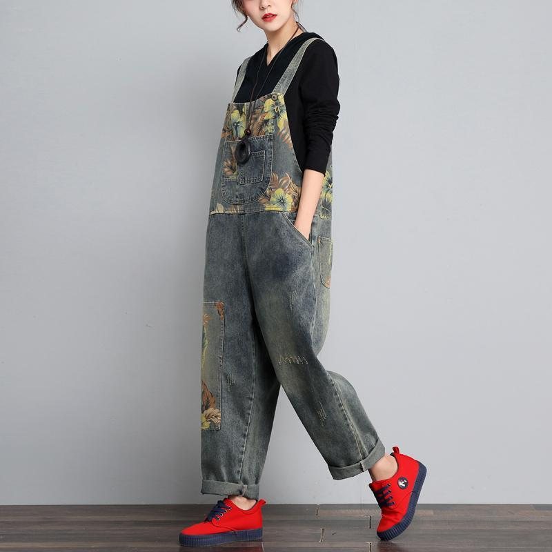 Høst Vinter Denim Løs Retro Print Tynn Jumpsuit