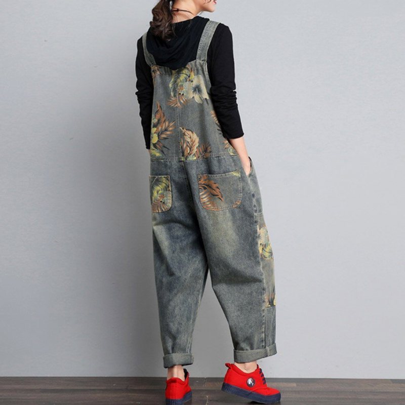 Høst Vinter Denim Løs Retro Print Tynn Jumpsuit