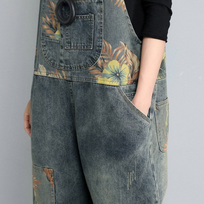 Høst Vinter Denim Løs Retro Print Tynn Jumpsuit