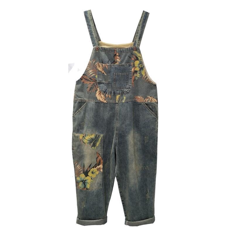 Høst Vinter Denim Løs Retro Print Tynn Jumpsuit