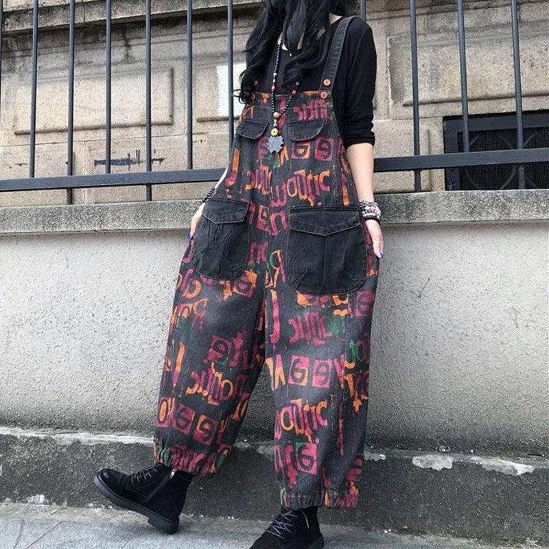 Retro Loose Letters Printed Coton Denim Jumpsuit