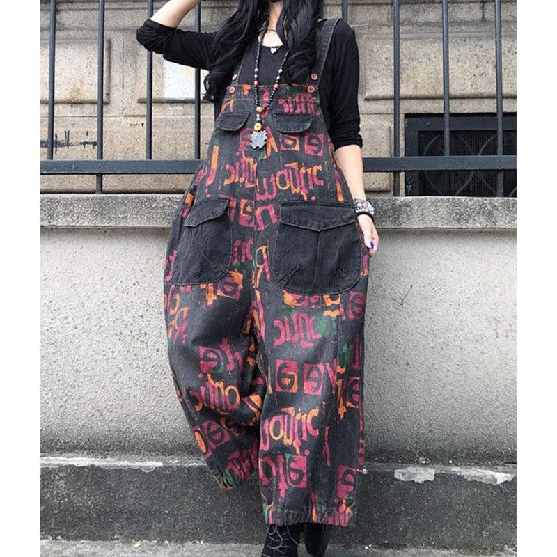 Retro Loose Letters Printed Coton Denim Jumpsuit