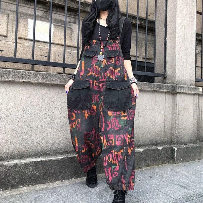 Retro Loose Letters Printed Coton Denim Jumpsuit