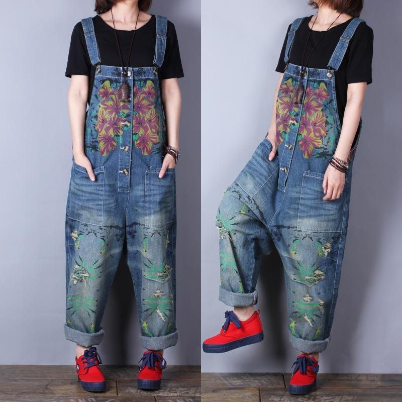 Retrotrykk Løs Denim Spring Summer Hole Jumpsuit