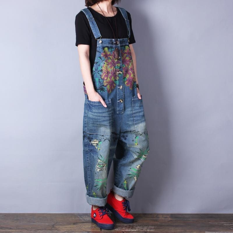 Retrotrykk Løs Denim Spring Summer Hole Jumpsuit