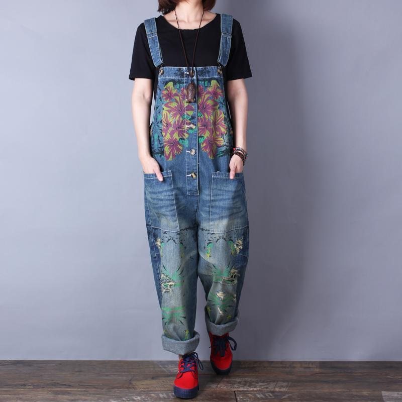 Retrotrykk Løs Denim Spring Summer Hole Jumpsuit