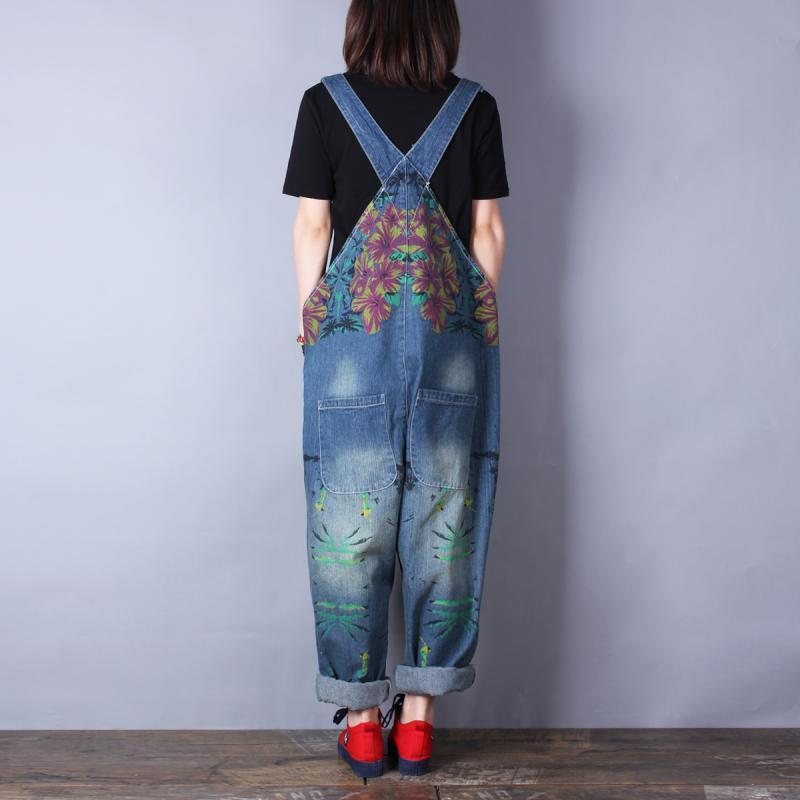 Retrotrykk Løs Denim Spring Summer Hole Jumpsuit