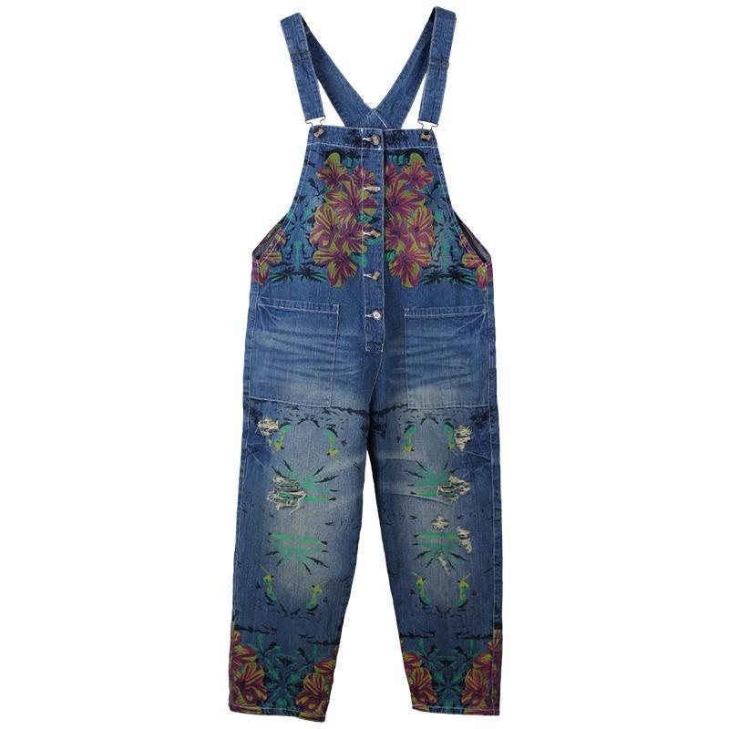 Retrotrykk Løs Denim Spring Summer Hole Jumpsuit