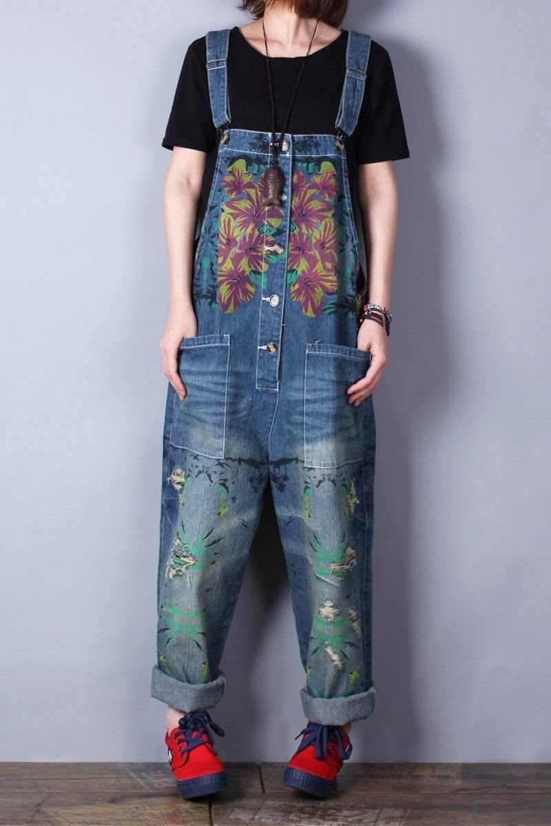 Retrotrykk Løs Denim Spring Summer Hole Jumpsuit