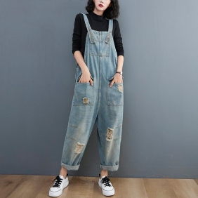 Spring Dame Retro Løs Patchwork Rippet Denim Jumpsuit