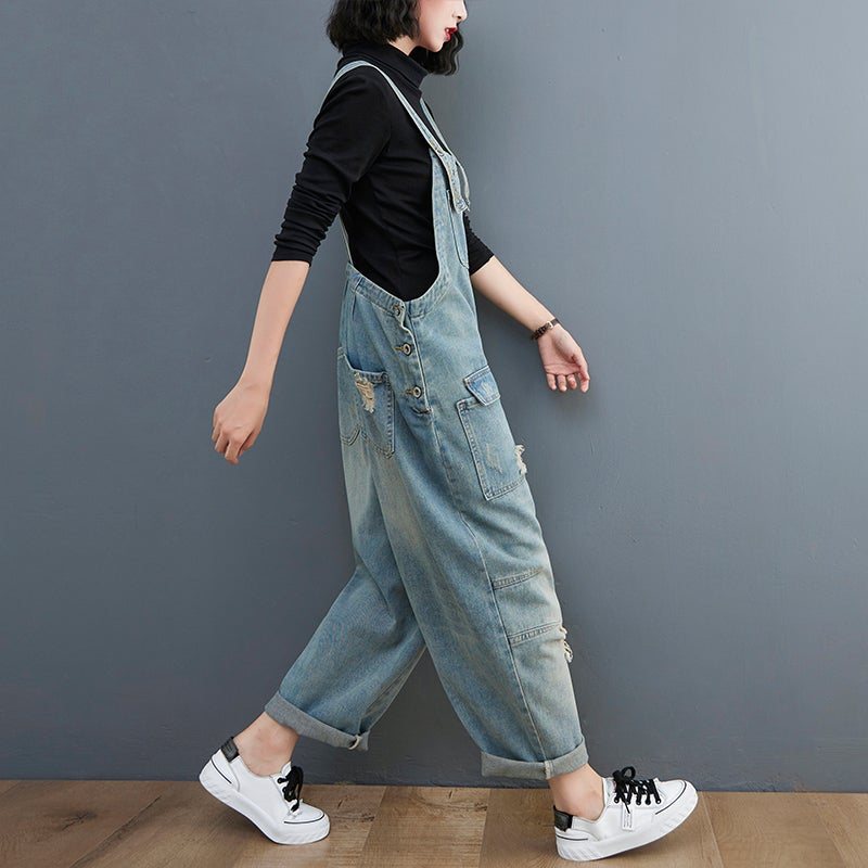 Spring Dame Retro Løs Patchwork Rippet Denim Jumpsuit