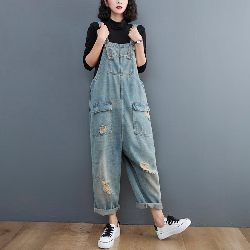 Spring Dame Retro Løs Patchwork Rippet Denim Jumpsuit