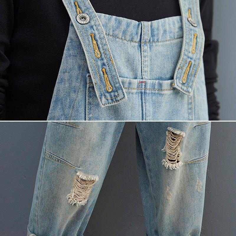 Spring Dame Retro Løs Patchwork Rippet Denim Jumpsuit